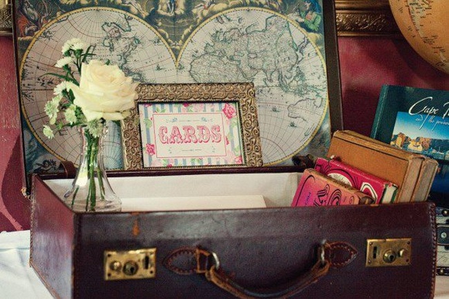 Vintage Wedding Décor Idea - Old Globe and Suitcase Gift Box