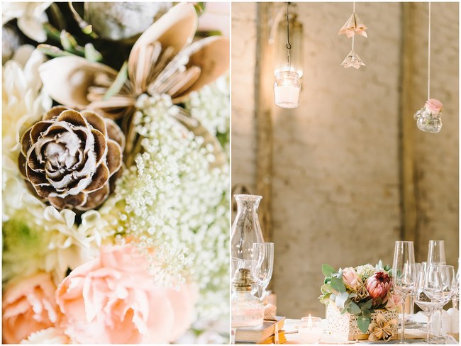 Wedding Reception Decor :: Pretty paper Flower, Rustic Blush Farm Wedding :: South Africa :: Louise Vorster Photography :: Seen on ConfettiDaydreams.com