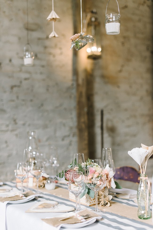 Wedding Reception Decor :: Pretty paper Flower, Rustic Blush Farm Wedding :: South Africa :: Louise Vorster Photography :: Seen on ConfettiDaydreams.com