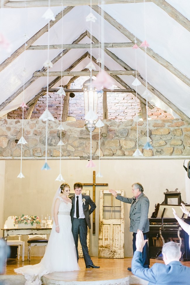   Paper Flower Ceremony Decor :: Pretty paper Flower, Rustic Blush Farm Wedding :: South Africa :: Louise Vorster Photography :: Seen on ConfettiDaydreams.com