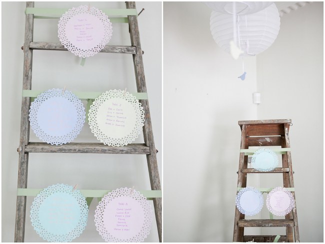 Doily seating chart using dyed doilies! :: Pretty Pastel and Powder Blue DIY South African Wedding captured by Nadine Aucamp Photography :: Published on Confetti Daydreams Wedding Blog 