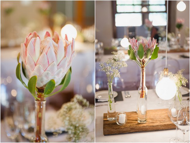 Protea Reception Table Decor // Vintage Elegance Neutral South African Wedding //Lauren Kriedemann photography // via www.ConfettiDaydreams.com // 