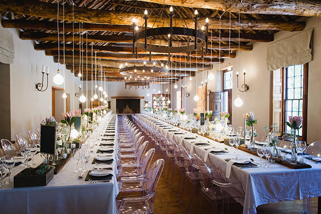 Protea Reception Table Decor // Vintage Elegance Neutral South African Wedding //Lauren Kriedemann photography // via www.ConfettiDaydreams.com // 