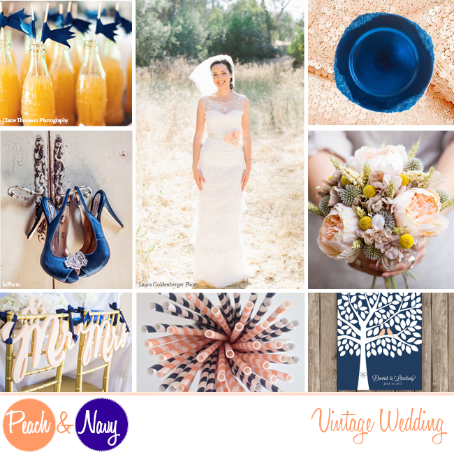 Navy Blue and Peach Vintage Wedding Ideas Inspiration Board 