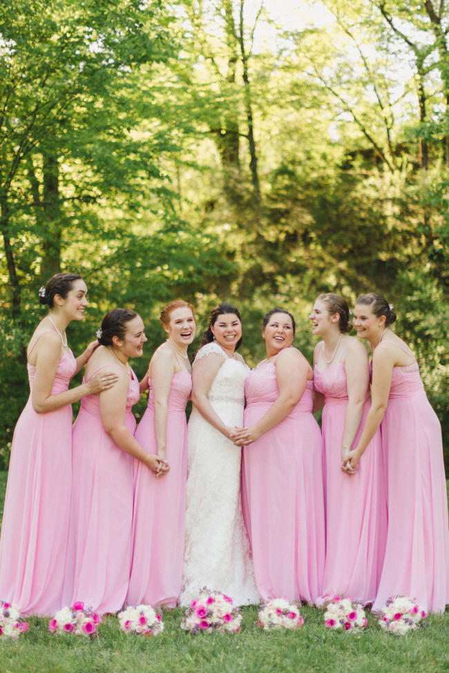 Pink Bridesmaids Dresses // Old Southern Charm Garden Wedding in Pink and Gray // JoPhoto 