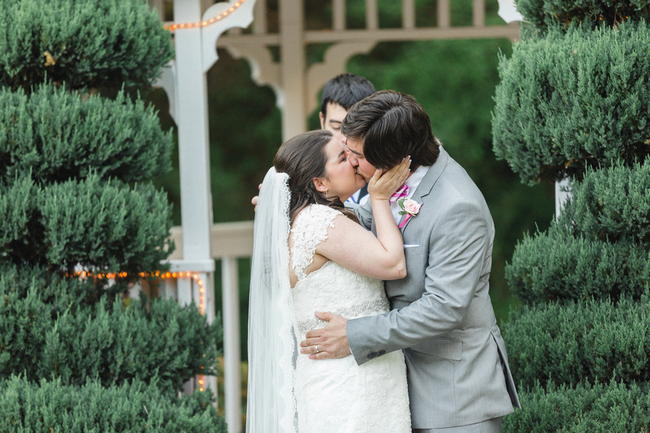 First Kiss // Old Southern Charm Garden Wedding in Pink and Gray // JoPhoto 