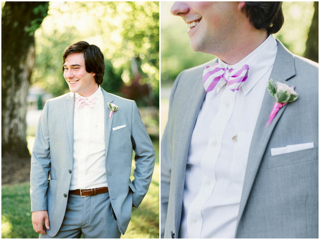 Groom Attire - Pink Striped Bowtie // Old Southern Charm Garden Wedding in Pink and Gray // JoPhoto 