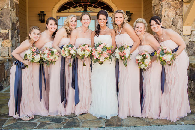 Strapless full length bridesmaids dresses // Rustic Country Wedding in Blush Navy // Meet The Burks Photography 