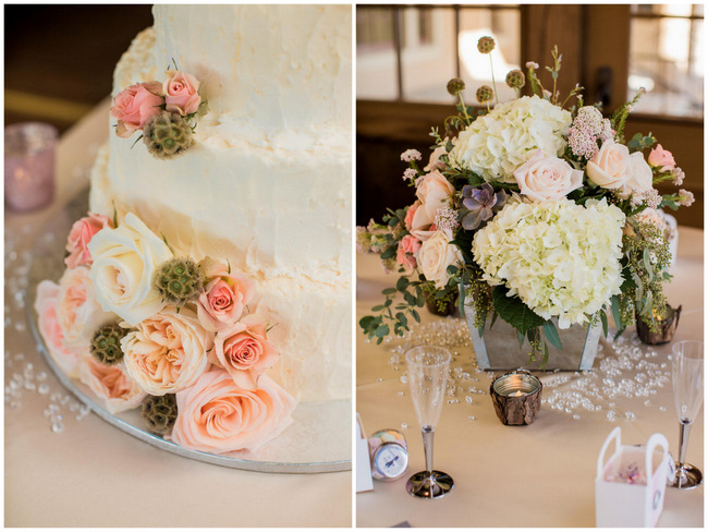 White cake with peach flowers and succulents // Rustic Country Wedding in Blush Navy // Meet The Burks Photography