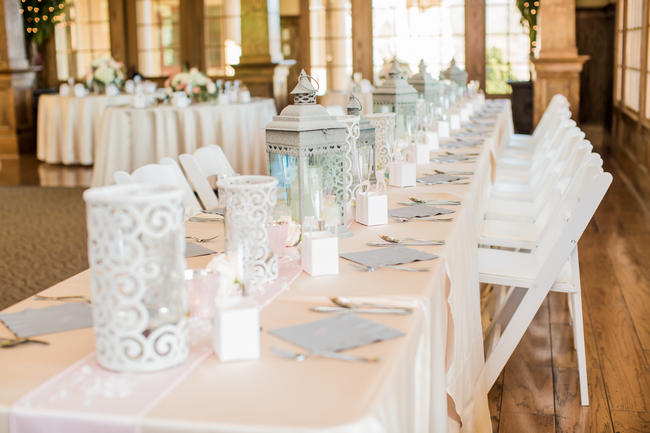 Table Decor // White Lanterns // Rustic Country Wedding in Blush Navy // Meet The Burks Photography