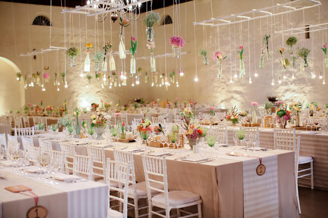 Hanging Floral Decor & Tablescape // Reception Decor // Colourful Nooitgedacht Wedding on a rainy South African day // Nikki Meyer photography