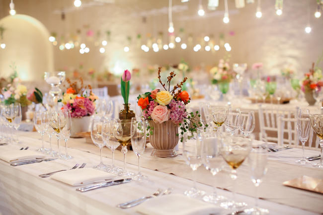 Hanging Floral Decor & Tablescape //  Reception Decor // Colourful Nooitgedacht Wedding on a rainy South African day  // Nikki Meyer photography