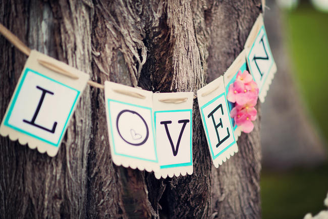 Burlap LOVE Sign on Tree // Rustic Coral & Mint Destination Beach Wedding Reception // BellaEva Photography