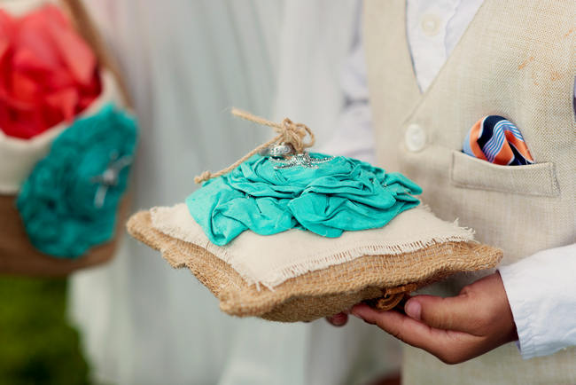 Burlap Ring Pillow // Maui Beach Wedding Ceremony // Rustic Coral & Mint Destination Beach Wedding // BellaEva Photography