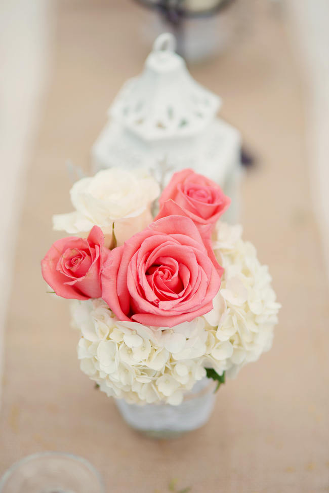 Flower Table Arrangement // Rustic Coral & Mint Destination Beach Wedding Reception // BellaEva Photography