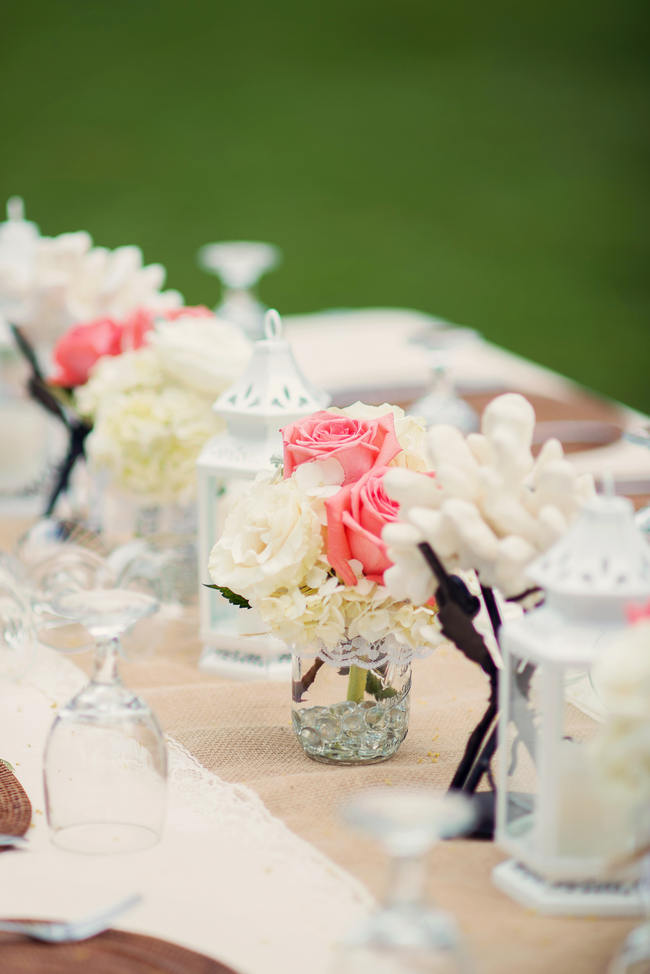 Burlap Table Runner // Rustic Coral & Mint Destination Beach Wedding Reception // BellaEva Photography