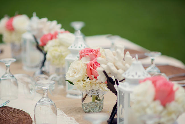 Burlap Table Runner // Rustic Coral & Mint Destination Beach Wedding Reception // BellaEva Photography