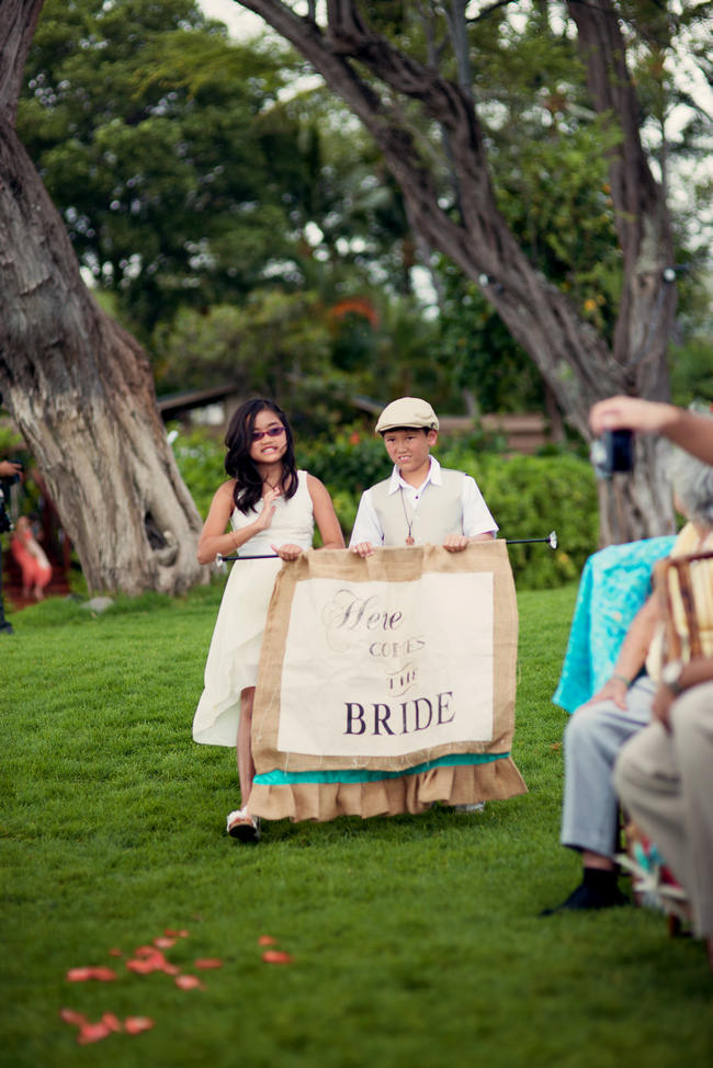 Here Comes The Bride Sign Rustic Coral & Mint Destination Beach Wedding // BellaEva Photography