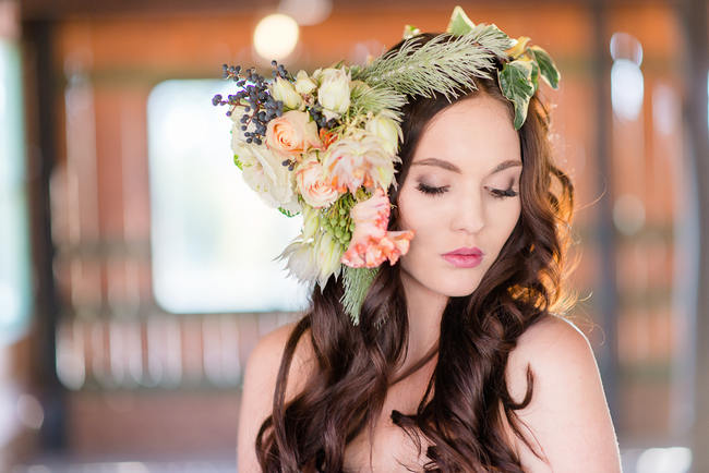 Peach and green Autumn asymmetrical floral wreath flower crown// Rustic Fall Wedding Ideas // Lightburst Photography // Flowers: Dear Love Events