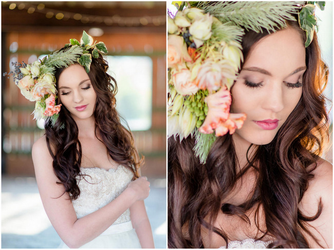 Peach and green Autumn asymmetrical floral wreath flower crown// Rustic Fall Wedding Ideas // Lightburst Photography // Flowers: Dear Love Events