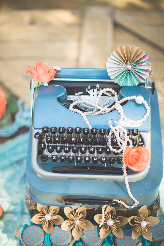 Vintage Typewriter // Wedding Decor Ideas // Delightfully Handmade DIY Teal Turquoise Peach Vintage South African Wedding // Genevieve Fundaro Photography 