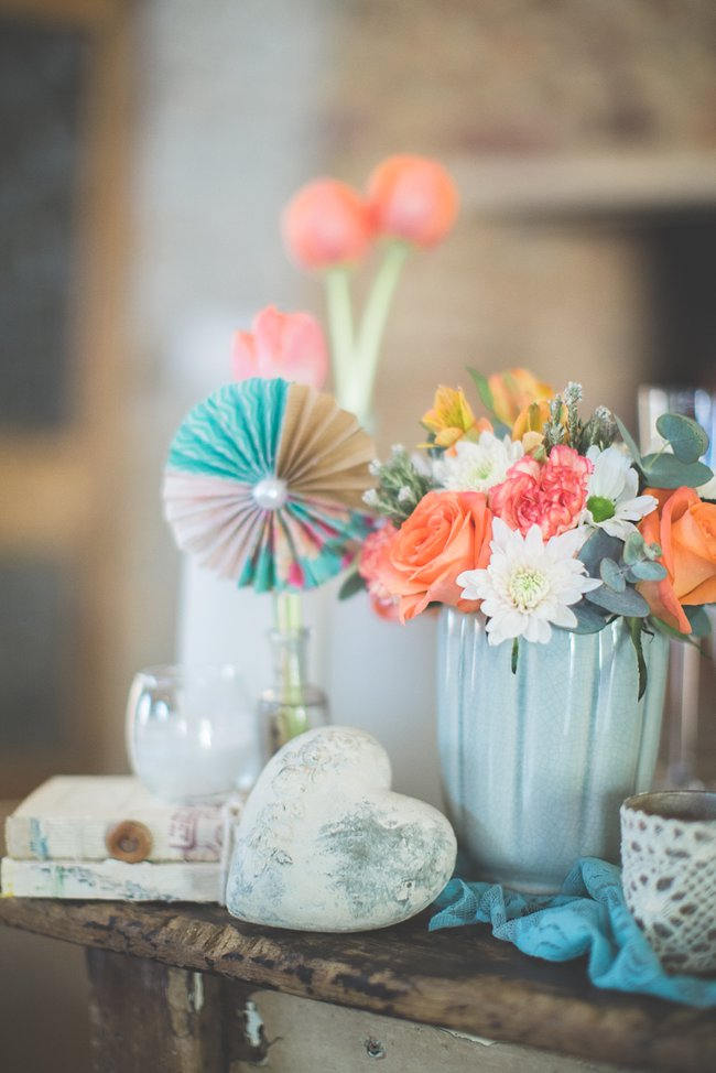 Paper Rosette and Tulips // Wedding Decor Ideas // Delightfully Handmade DIY Teal Turquoise Peach Vintage South African Wedding // Genevieve Fundaro Photography 