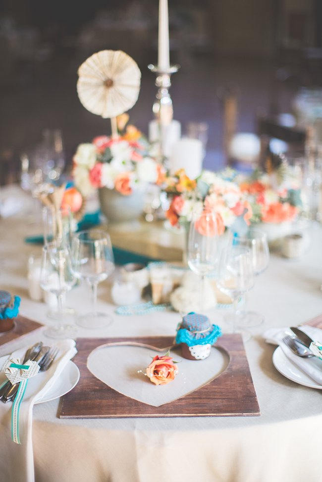 Table Setting // Wedding Decor Ideas // Delightfully Handmade DIY Teal Turquoise Peach Vintage South African Wedding // Genevieve Fundaro Photography 