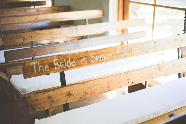 Wedding Bench at  Wedding Ceremony // Delightfully Handmade DIY Teal Turquoise Peach Vintage South African Wedding // Genevieve Fundaro Photography 