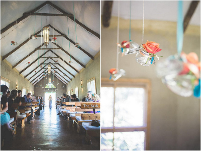 Hanging Decor at  Wedding Ceremony // Delightfully Handmade DIY Teal Turquoise Peach Vintage South African Wedding // Genevieve Fundaro Photography 