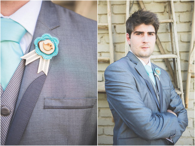 Boutonnierre   // Delightfully Handmade DIY Teal Turquoise Peach Vintage South African Wedding // Genevieve Fundaro Photography 