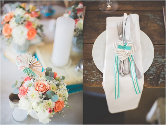 Place Setting and Paper Flowers // Wedding Decor Ideas // Delightfully Handmade DIY Teal Turquoise Peach Vintage South African Wedding // Genevieve Fundaro Photography 