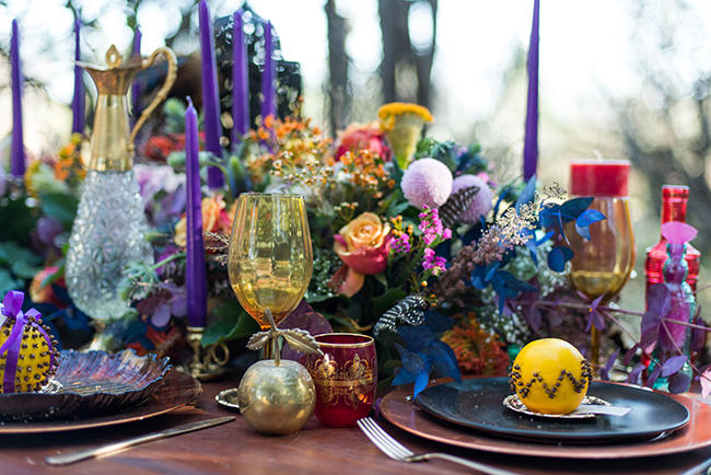 Boho Forest Tablescape // Purple Orange and Yellow Gypsy Wedding Ideas // Memory Box Photography