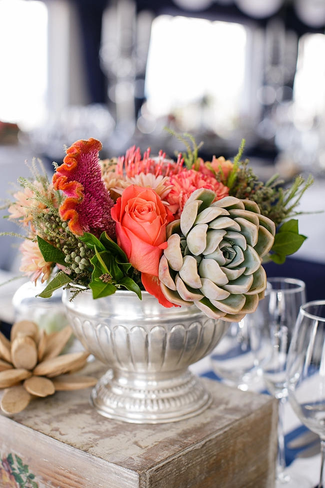 Silver Urn with succulents and coral flowers // Nautical Beach Wedding in Coral and Navy Blue // Jack and Jane Photography