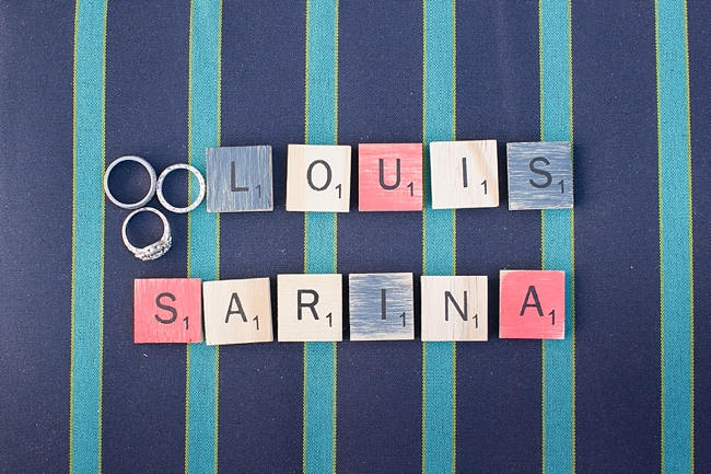 Scrabble Tile Wedding Ring Photo // Nautical Beach Wedding Ceremony in Coral and Navy  // Jack and Jane Photography