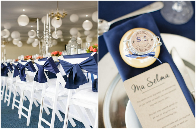 Navy Chair Sash and Table Setting // Nautical Beach Wedding in Coral and Navy Blue // Jack and Jane Photography
