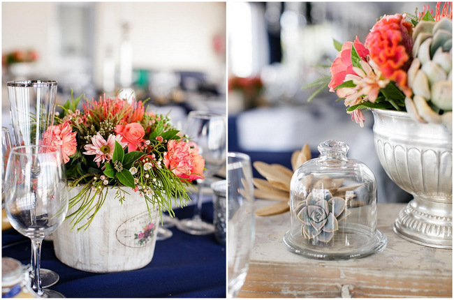 Wedding Table Flowers // Nautical Beach Wedding in Coral and Navy Blue // Jack and Jane Photography