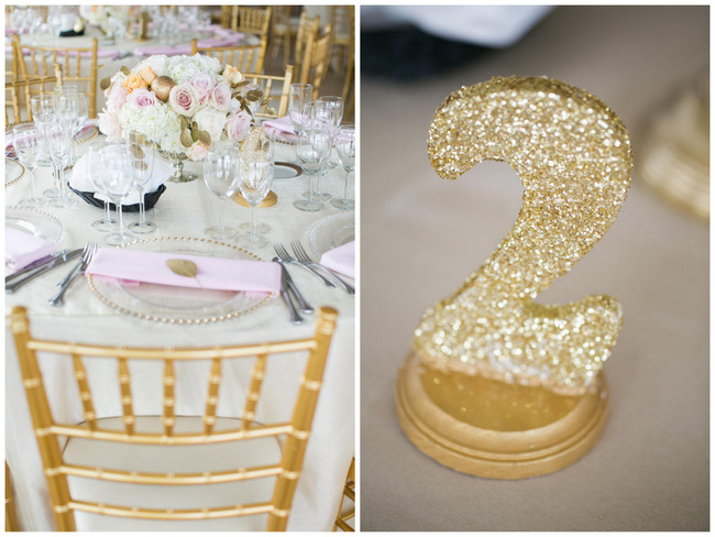 Glitter table numbers  // Beautiful Rustic Elegance Wedding in Blush Cream Gold // Carly Fuller Photography // Click for more details on www.ConfettiDaydreams.com