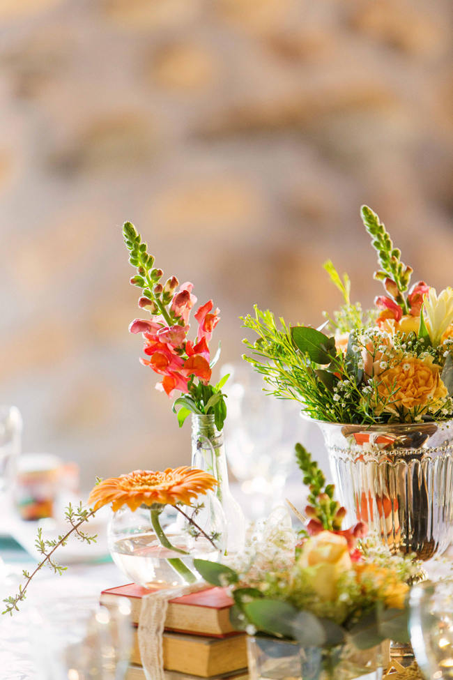 Peach, Green and Yellow Wedding Flower Arrangements // Rustic South African Farm Wedding in Peach // Marli Koen Photography