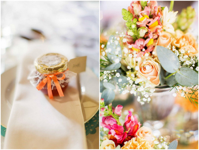 Peach, Green and Yellow Wedding Flower Arrangements // Rustic South African Farm Wedding in Peach // Marli Koen Photography