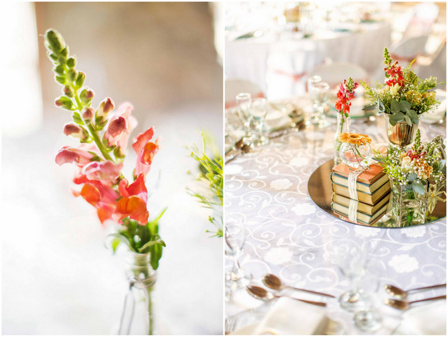 Peach, Green and Yellow Wedding Flower Arrangements // Rustic South African Farm Wedding in Peach // Marli Koen Photography