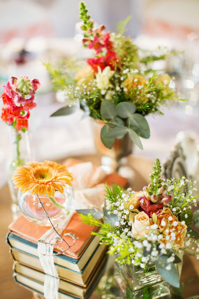 Peach, Green and Yellow Wedding Flower Arrangements // Rustic South African Farm Wedding in Peach // Marli Koen Photography