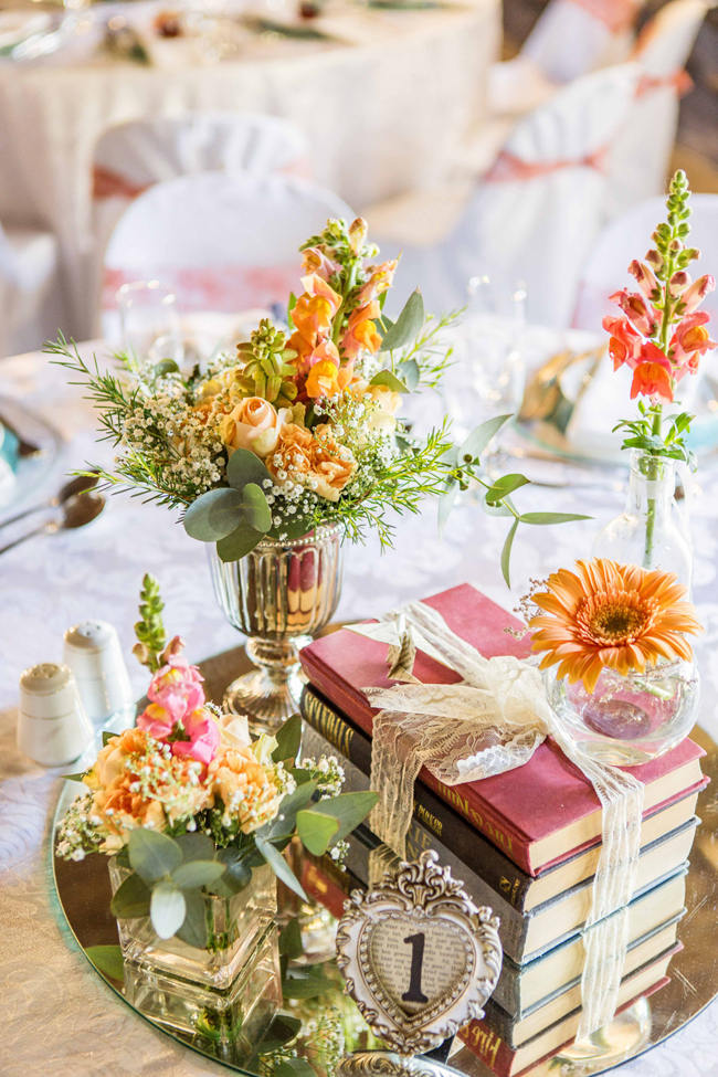 Peach, Green and Yellow Wedding Flower Arrangements // Rustic South African Farm Wedding in Peach // Marli Koen Photography