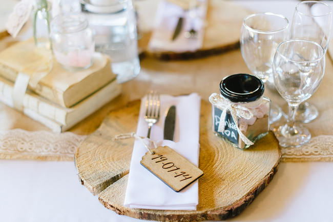 Wood Slab Table Setting // Vintage Chic Barn Wedding Reception // Louise Vorster Photography