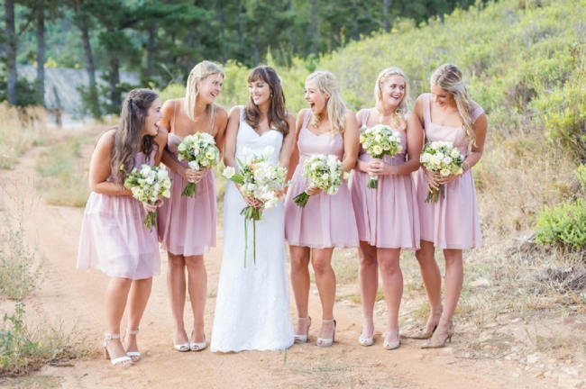 Short pink blush bridesmaid dresses // Franschhoek Wedding // Photography by Claire Nicola