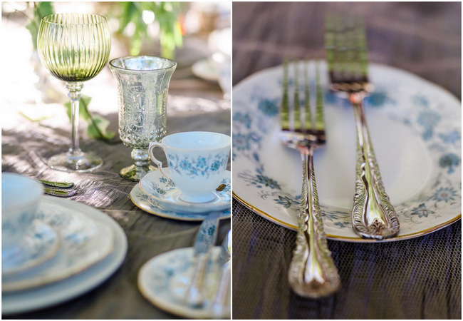 Whimsical Garden Wedding table setting in silver Grey and blue // Nikki Meyer Photography