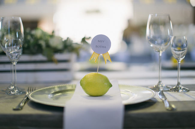  Lemon place setting // Beautiful Gray and Yellow Rustic Winter Wedding Reception Decor / Jenni Elizabeth Photography