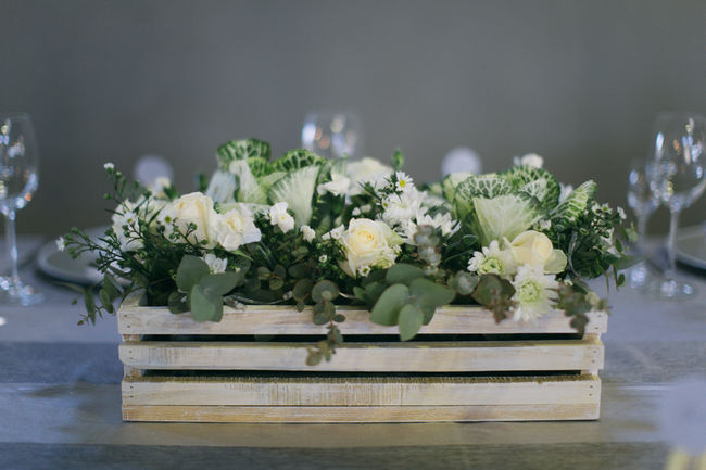 Flowers in crate //  Beautiful Gray and Yellow Rustic Winter Wedding Reception Decor / Jenni Elizabeth Photography