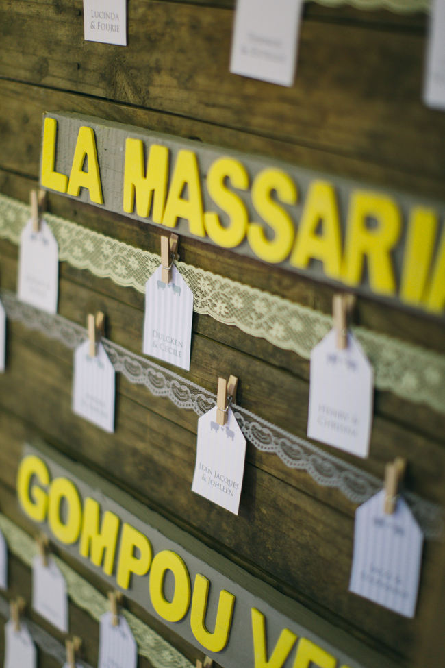 Lace and luggage tag Seating Chart //  Beautiful Gray and Yellow Rustic Winter Wedding Reception Decor / Jenni Elizabeth Photography