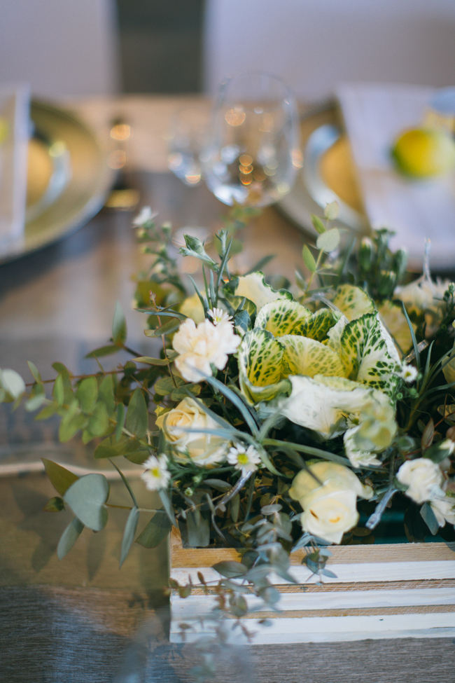 Kale wedding centerpiece //  Beautiful Gray and Yellow Rustic Winter Wedding Reception Decor / Jenni Elizabeth Photography