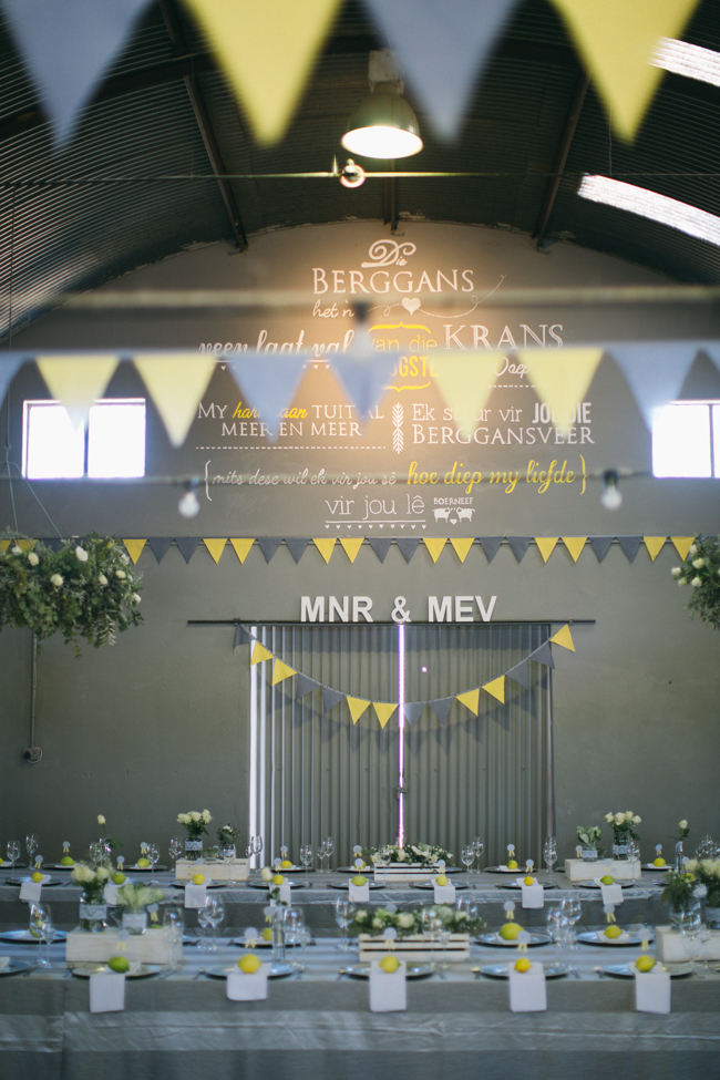 Yellow and Grey Bunting //  Beautiful Gray and Yellow Rustic Winter Wedding Reception Decor / Jenni Elizabeth Photography